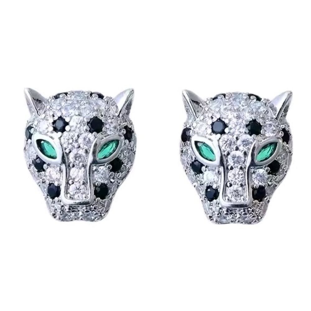 💎PANTHER Black Stone and Pave Earrings, Cheetah, Pierced Emerald GreenEyes - Picture 3 of 6